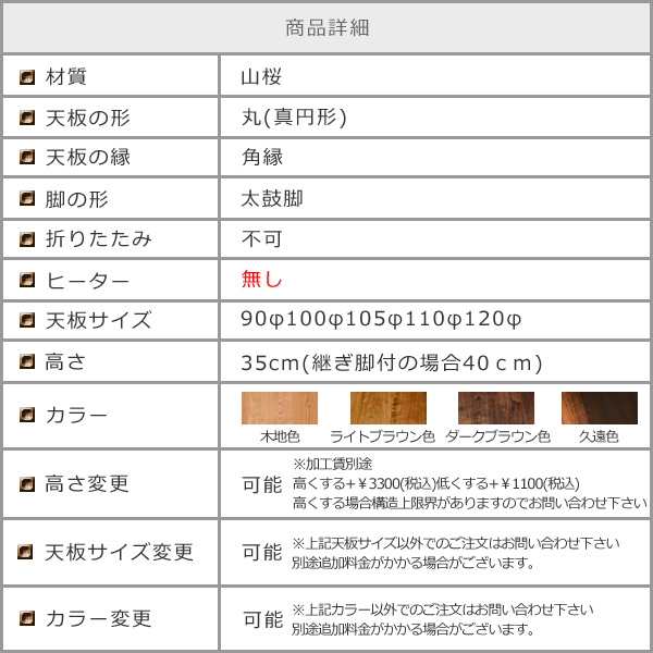 丸いこたつちゃぶ台太鼓脚ヒーター無し